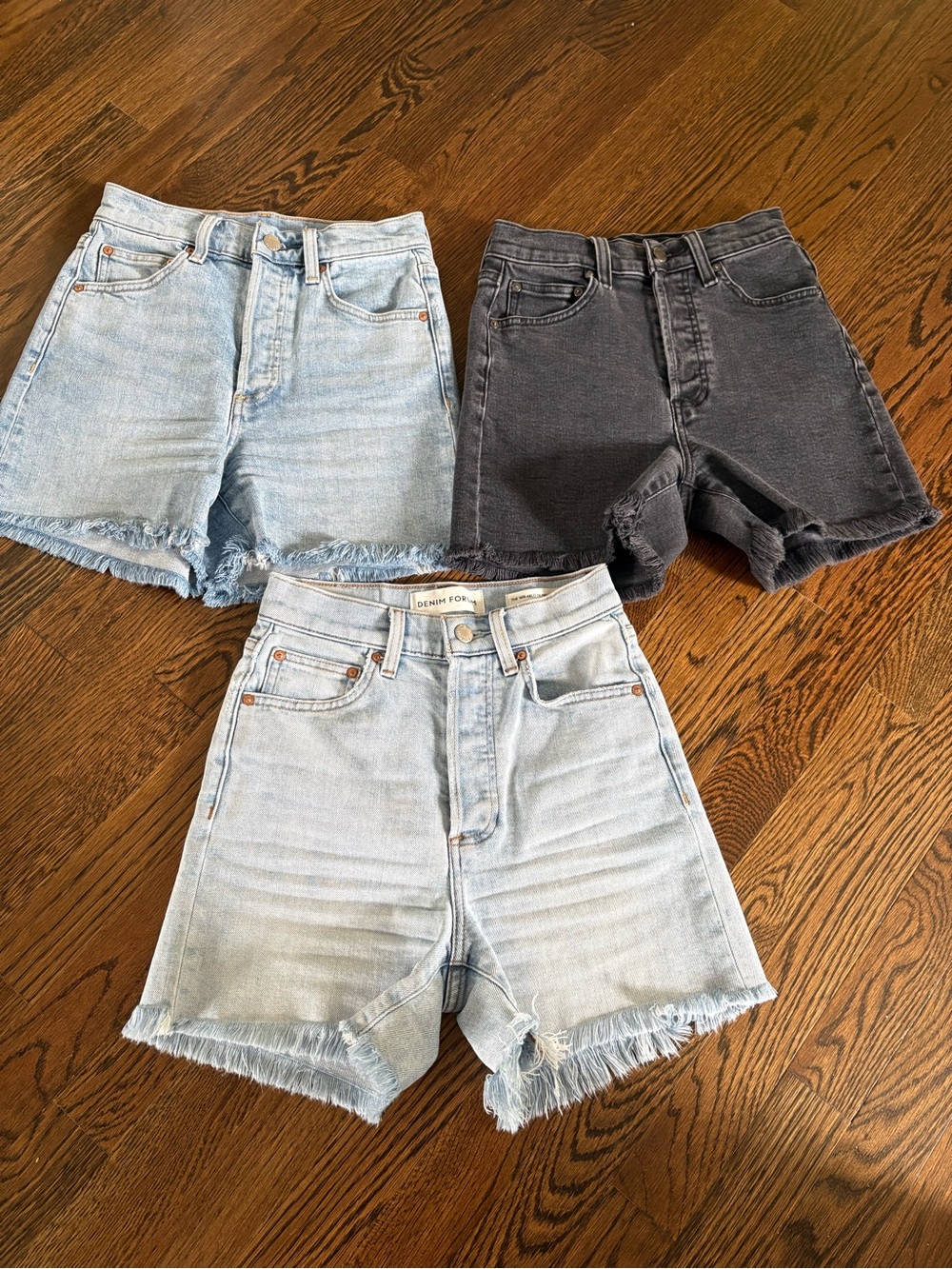 Aritzia Denim Forum Light Blue and Black High-Rise Frayed Hem Shorts Trio